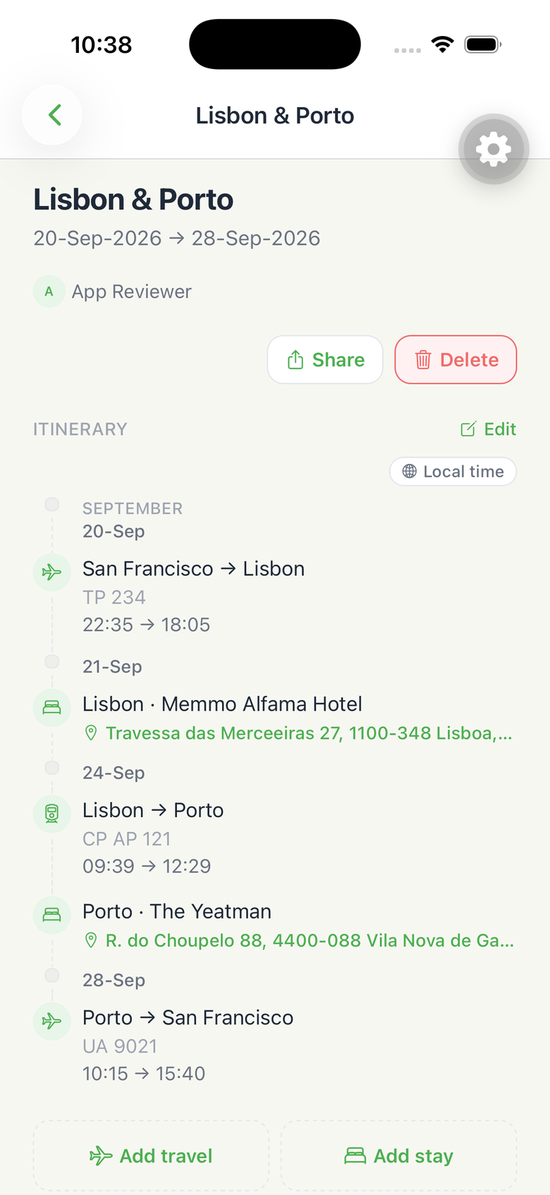 A trip's full itinerary timeline